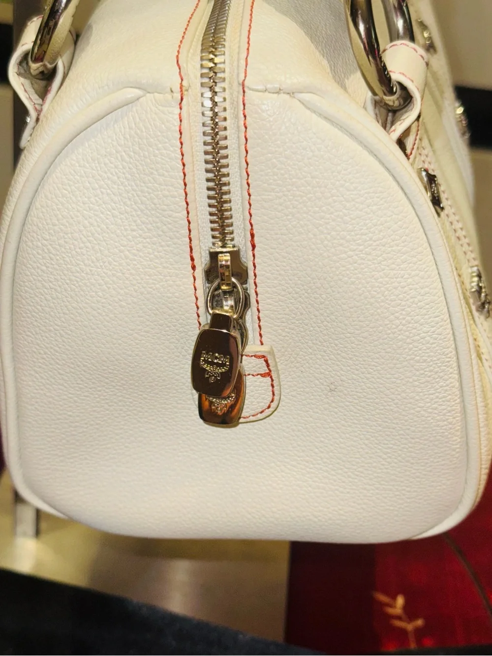 MCM - Creamy White Pebbled Leather Mini Boston w/ Gold Hardware